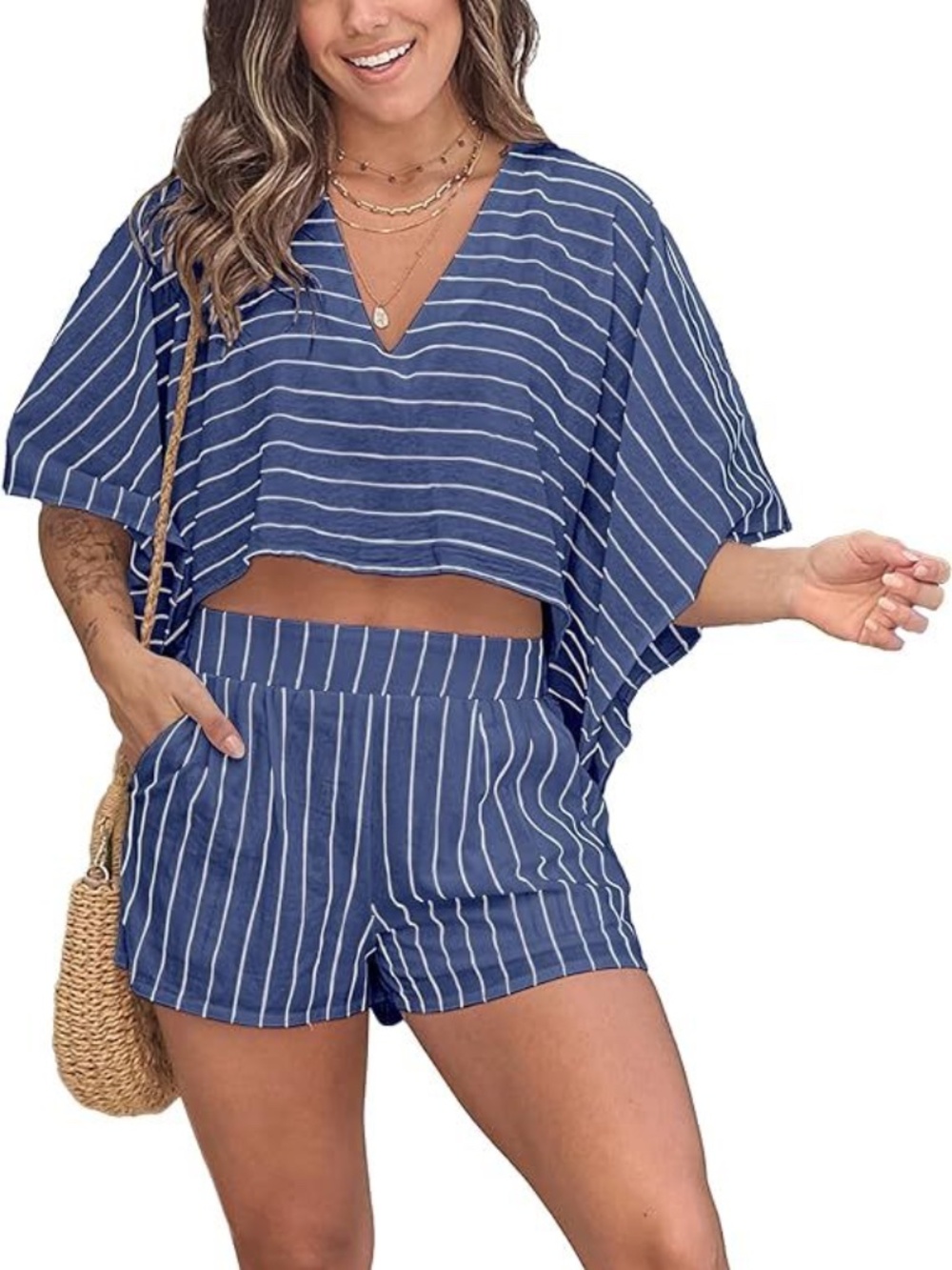 Women's 2 Piece Outfit Blue and White Striped Sz M